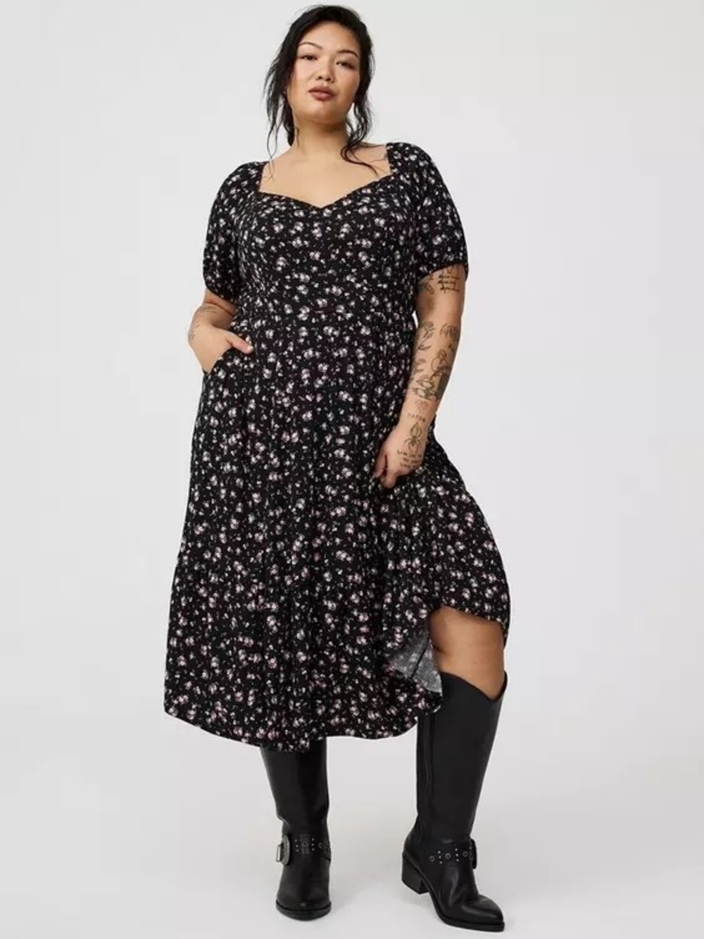 Torrid Black Floral Puff-Sleeve Midi Dress Size 0X